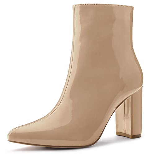 Allegra K Damen Stiefeletten mit klobigem Absatz und spitzem Zehenbereich, Reißverschluss, nude, 38 EU von Allegra K