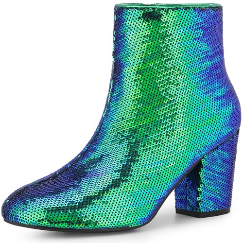 Allegra K Damen Stiefeletten mit rundem Zehenbereich, Pailletten, Blockabsatz, Stiefeletten, grün, 41 EU von Allegra K