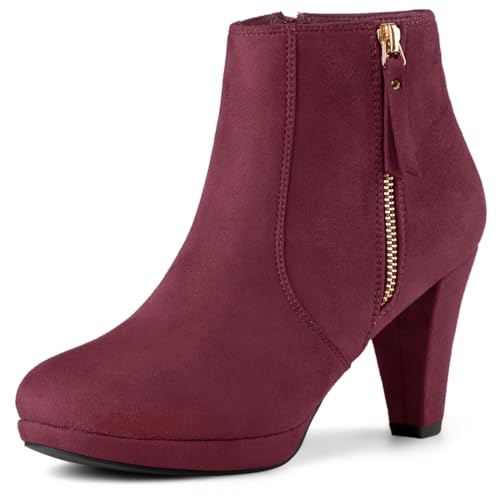 Allegra K Damen-Stiefeletten mit seitlichem Reißverschluss, niedriger Plateau, klobiger Absatz, Burgunder, 39.5 EU von Allegra K