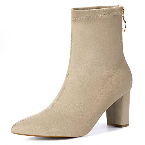 Allegra K Damen Stiefeletten mit spitzem Reißverschluss und klobigem Absatz Beige 37.5 von Allegra K