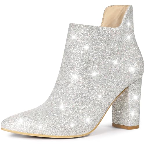 Allegra K Damen Stiefeletten mit spitzem Zehenbereich, Blockabsatz, Glitzer, Stiefeletten, silber, 41 EU von Allegra K