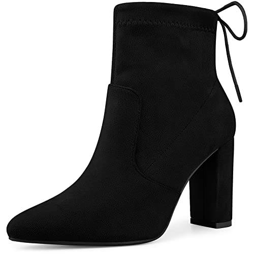 Allegra K Damen Stiefeletten mit spitzem Zehenbereich, Kordelzug, Blockabsatz, Stiefeletten, schwarz, 40 EU von Allegra K