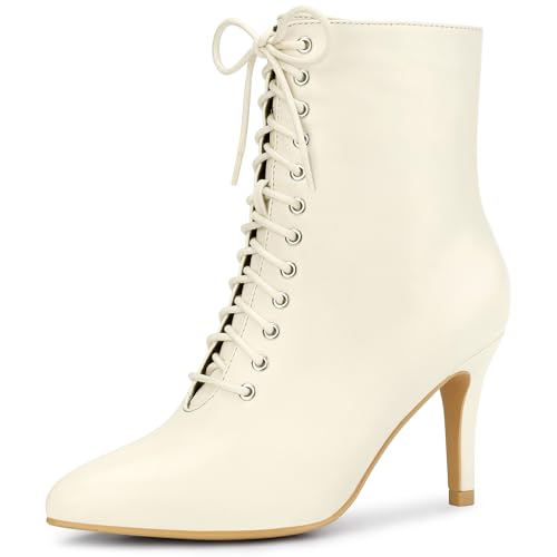 Allegra K Damen Stiefeletten mit spitzer Spitze und Stilettoabsatz zum Schnüren Creme 41 von Allegra K