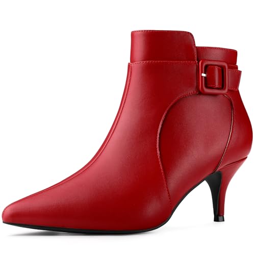 Allegra K Damen-Stiefeletten mit spitzer Zehenpartie, Reißverschluss und Schnallendekor und Kitten-Heels rot 39 von Allegra K