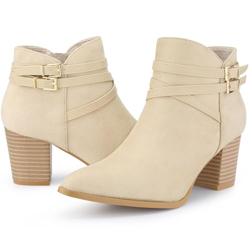 Allegra K Damen-Stiefeletten mit spitzer Zehenpartie, Schnalle, dekorativ, Kreuzriemen, Blockabsätz, beige, 38 EU von Allegra K