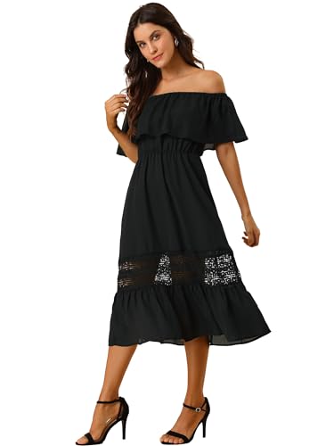 Allegra K Bardot Kleid für Damen, Strandkleidung Sommerkleider, schulterfrei, hohe Taille, kurzärmeliges Urlaubskleid, Schwarz , 42 von Allegra K