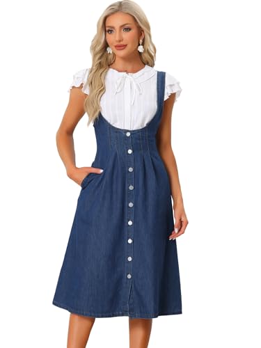 Allegra K Damen Strapskleid Knopfleiste Vorne Klassisches Overall Denim Midikleid mit U-Ausschnitt und Taschen Dunkelblau S von Allegra K