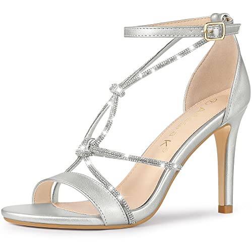 Allegra K Damen Strass Knoten Strap Stiletto Heels Sandalen, Silver, 38.5 EU von Allegra K