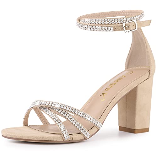 Allegra K Damen Strass Riemchen Chunky Heel Sandalen, Khaki, 40.5 EU von Allegra K