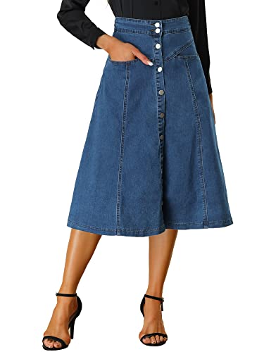 Allegra K Damen Stretchy High Waist Buttons Front A-Linie Flowy Midi Röcke mit Tasche, blau, 44 von Allegra K