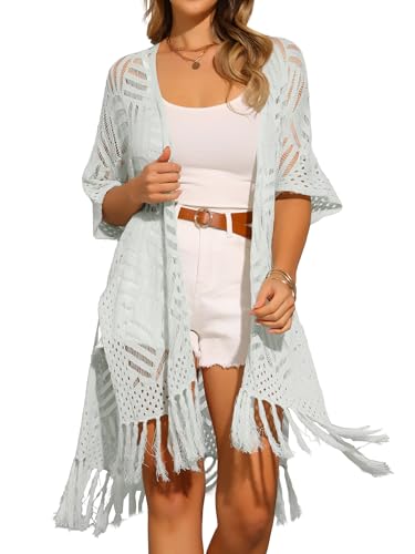Allegra K Damen Strick-Cardigans mit offener Vorderseite, Boho-Stil, leichte Kimono-Überzüge mit Fransen Grau Grün M von Allegra K