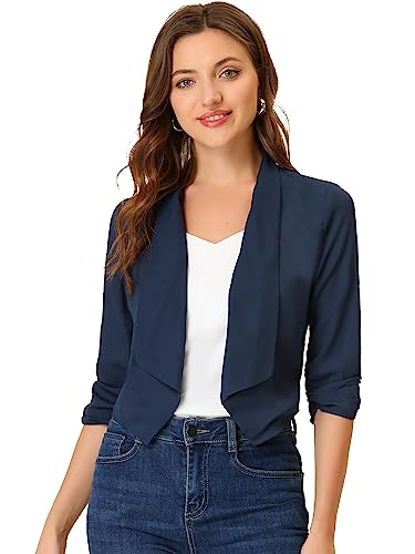 Allegra K Damen-Strickjacke mit offener Vorderseite, 3/4-Ärmel, gerüscht, Schal, Revers, marineblau, 42 von Allegra K