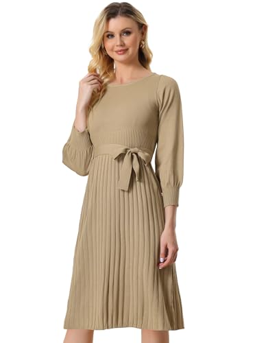 Allegra K Damen Langarm Strickkleid Rundhalsausschnitt Lässig Plissiert Laternenärmel Pulloverkleider Khaki S von Allegra K