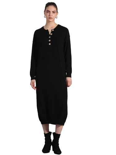 Allegra K Damen Strickkleid Langarm Knöpfe Rundhal Strickt Midi-Pullover Kleider Schwarz L von Allegra K
