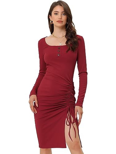 Allegra K Damen Strickkleid Langarm Kordelzug Gerüschter Vorderseite Quadratischem Ausschnitt Figurbetont Kleid Burgund S von Allegra K