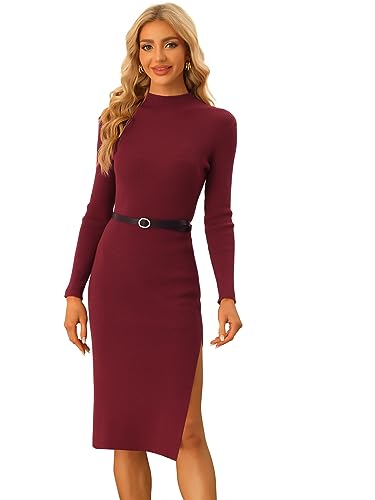 Allegra K Damen Strickkleid Rollkragen Gerippt Langarm Figurbetonte Bleistiftkleid Gürtel Kleid rot M von Allegra K