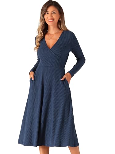 Allegra K Damen Strickkleider Langärm Aus Gerippt A-Linien Wickelkleid Navy Blau S von Allegra K