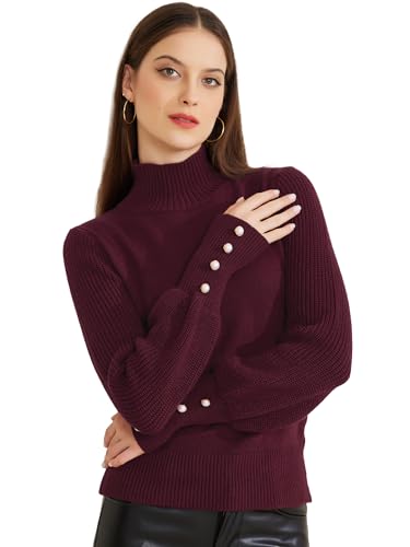 Allegra K Damen gerippter Langarm-Rollkragenpullover Stretch Winter Strickpullover Top, Burgunder, Klein von Allegra K