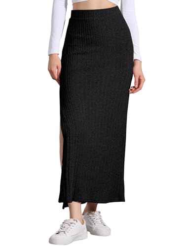 Allegra K Damen Strickrock Gestrickter Midirock, Figurbetonter Schlitz, Hohe Taille Schwarz XXL von Allegra K
