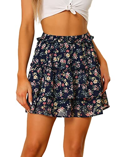 Allegra K Damen Stufenrock Mini A-Linie Geschichtet Chiffon Blumen Kurz Minirock Rock Dunkel Blau XS von Allegra K