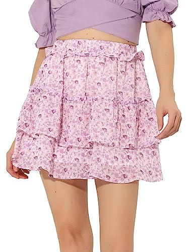 Allegra K Damen Stufenrock Mini A-Linie Geschichtet Chiffon Blumen Kurz Minirock Rock Weiß Lila Blumen M von Allegra K