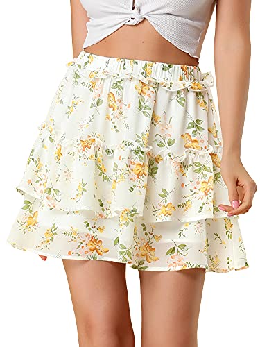 Allegra K Damen Stufenrock Mini A-Linie Geschichtet Chiffon Blumen Kurz Minirock Rock Weiß M von Allegra K