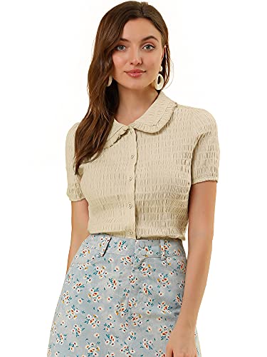 Allegra K Damen Sweet Peter Pan Kragen Button Up Soft Kurzarm Shirt, beige, 46 von Allegra K