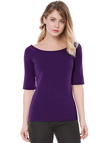 Allegra K Damen-T-Shirt, Rundhalsausschnitt, weich, halblange Ärmel, dunkelviolett, X-Large von Allegra K