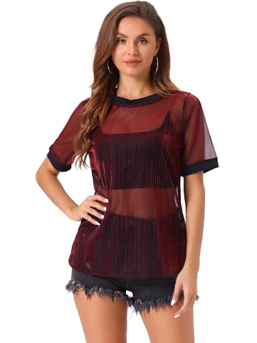 Allegra K Damen T-Shirt Kurzarm Lässig Durchsichtig Mesh Regenbogen Oberteil Rot XL von Allegra K