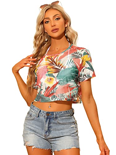 Allegra K Damen T-Shirt Kurzarm Leaves Halb Durchsichtig Sommer Crop Top Bluse Grün S von Allegra K