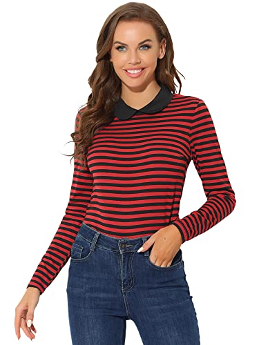 Allegra K Damen T-Shirt Langarm Bubikragen Colorblock Casual Weihnachts Streifen Top Bluse Rot Schwarz XL von Allegra K