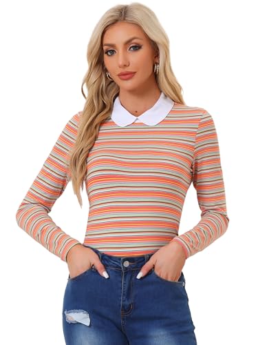 Allegra K Damen T-Shirt Langarm Bubikragen Colorblock Casual Weihnachts Streifen Top Bluse Bunt L von Allegra K