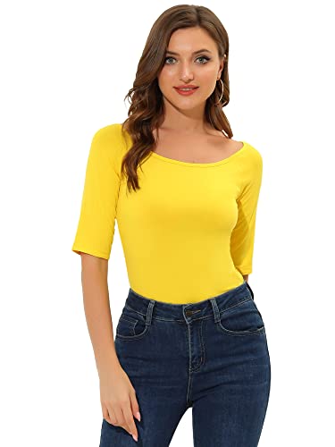 Allegra K Damen Halbarm Bluse T-Shirt Rundhals Slim Fit Einfarbig Oberteil Hellgelb L von Allegra K