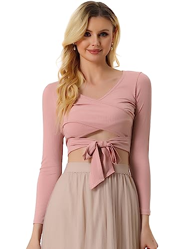 Allegra K Damen T-Shirt V-Ausschnitt Knoten vorne Langarm Faux Wickel Crop Top Rosa XS von Allegra K