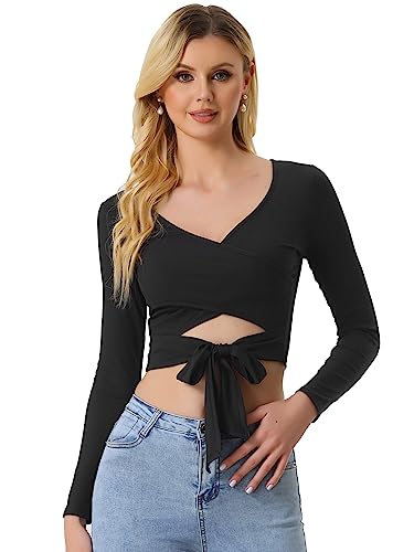 Allegra K Damen T-Shirt V-Ausschnitt Knoten vorne Langarm Faux Wickel Crop Top Schwarz L von Allegra K