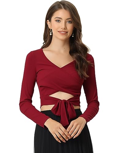 Allegra K Damen T-Shirt V-Ausschnitt Knoten vorne Langarm Faux Wickel Crop Top Weinrot L von Allegra K