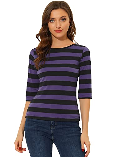 Allegra K Damen-T-Shirt mit Ellenbogenärmeln und Rundhalsausschnitt, schmale Passform, lässig, bedruckt, Schwarz Violett, XX-Large von Allegra K