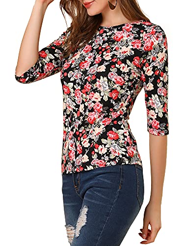 Allegra K Damen-T-Shirt mit Ellenbogenärmeln und Rundhalsausschnitt, schmale Passform, lässig, bedruckt, Schwarz-blumig, X-Groß von Allegra K