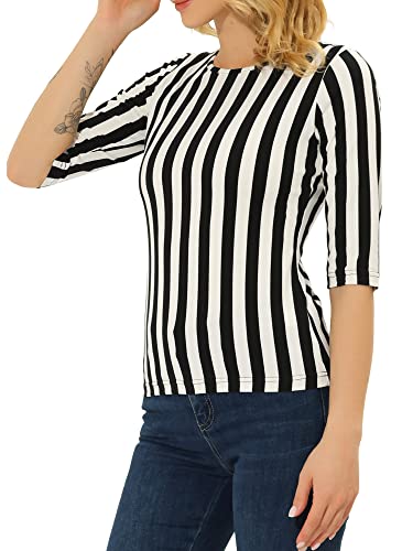 Allegra K Damen-T-Shirt mit Ellenbogenärmeln und Rundhalsausschnitt, schmale Passform, lässig, bedruckt, Schwarze, vertikale Streifen, X-Klein Allegra K Damen-T-Shirt mit Ellenbogenärmeln und Rundhalsausschnitt, schmale Passform, lässig, bedruckt, Schwarze, vertikale Streifen, X-Klein von Allegra K
