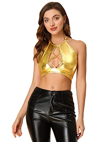 Allegra K Damen Tanktop Ärmellos Neckholder Rückenfrei Schnürung Party Club Holographic Crop Top Bluse Gold M von Allegra K