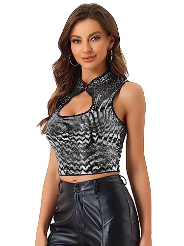 Allegra K Damen Tanktop Ärmellos Cut Out Ausschnitt Glitzer Pailletten Crop Top Bluse Silber M von Allegra K