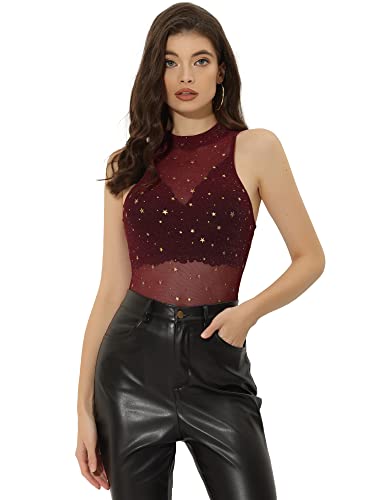 Allegra K Damen Tanktop Ärmellos Durchsichtige Mesh Oberteil Party Stern Glitzer Crop Top Bluse Burgunderrot XS von Allegra K