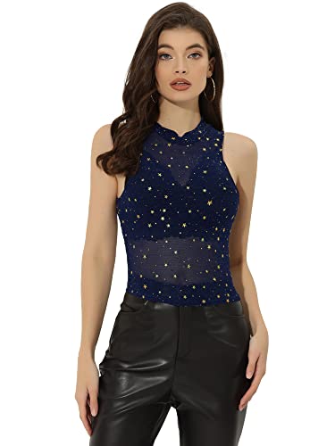 Allegra K Damen Tanktop Ärmellos Durchsichtige Mesh Oberteil Party Stern Glitzer Crop Top Bluse Dunkelblau XL von Allegra K