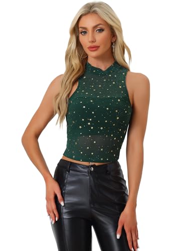 Allegra K Damen Tanktop Ärmellos Durchsichtige Mesh Oberteil Party Stern Glitzer Crop Top Bluse Dunkelgrün S von Allegra K