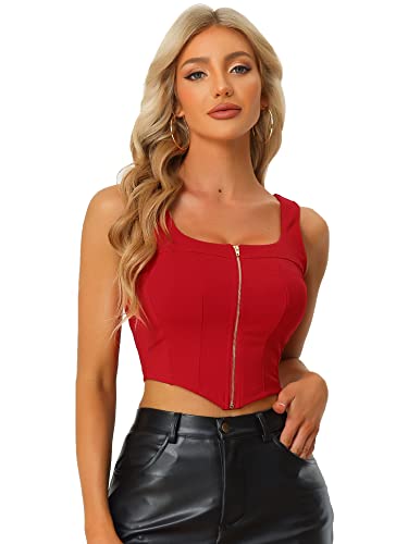 Allegra K Damen Tanktop Ärmellos Eckiger Ausschnitt Reißverschluss Cami Asymmetrisch Crop Top Rot M von Allegra K