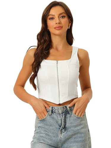 Allegra K Damen Tanktop Ärmellos Eckiger Ausschnitt Reißverschluss Cami Asymmetrisch Crop Top Weiß L von Allegra K