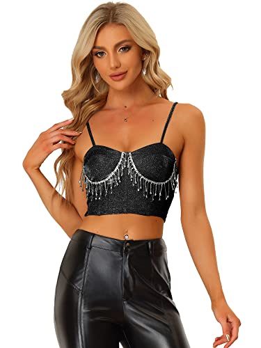 Allegra K Damen Tanktop Ärmellos Herzausschnitt Spaghettiträger Fransen Glitzer Crop Top Bluse Schwarz M von Allegra K