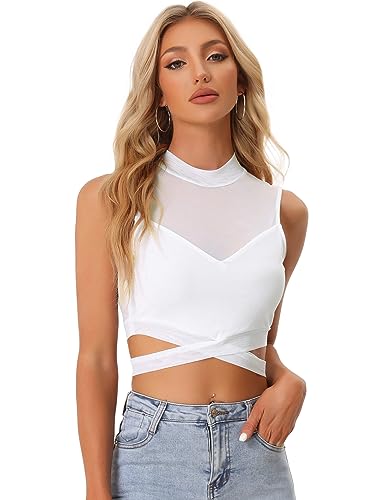 Allegra K Damen Tanktop Ärmellos Kreuz Camisole Mesh Durchsichtig Crop Oberteil Weiß M von Allegra K