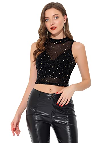 Allegra K Damen Tanktop Ärmellos Durchsichtige Mesh Oberteil Party Stern Glitzer Crop Top Bluse Schwarz XS von Allegra K