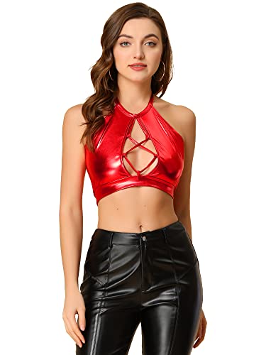 Allegra K Damen Tanktop Ärmellos Neckholder Rückenfrei Schnürung Party Club Holographic Crop Top Bluse Rot L von Allegra K